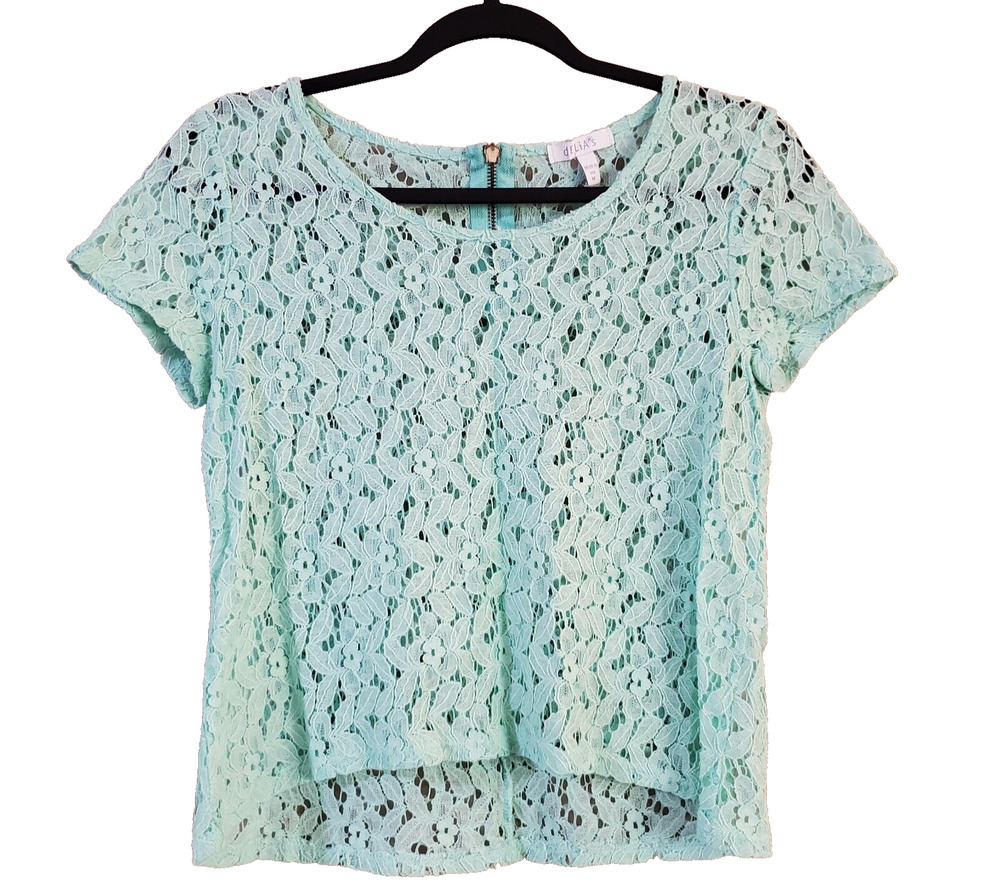 Delias Womens Lace Top Size M Juniors Sea Foam Green Sheer High-Low 1/4 Zip Back